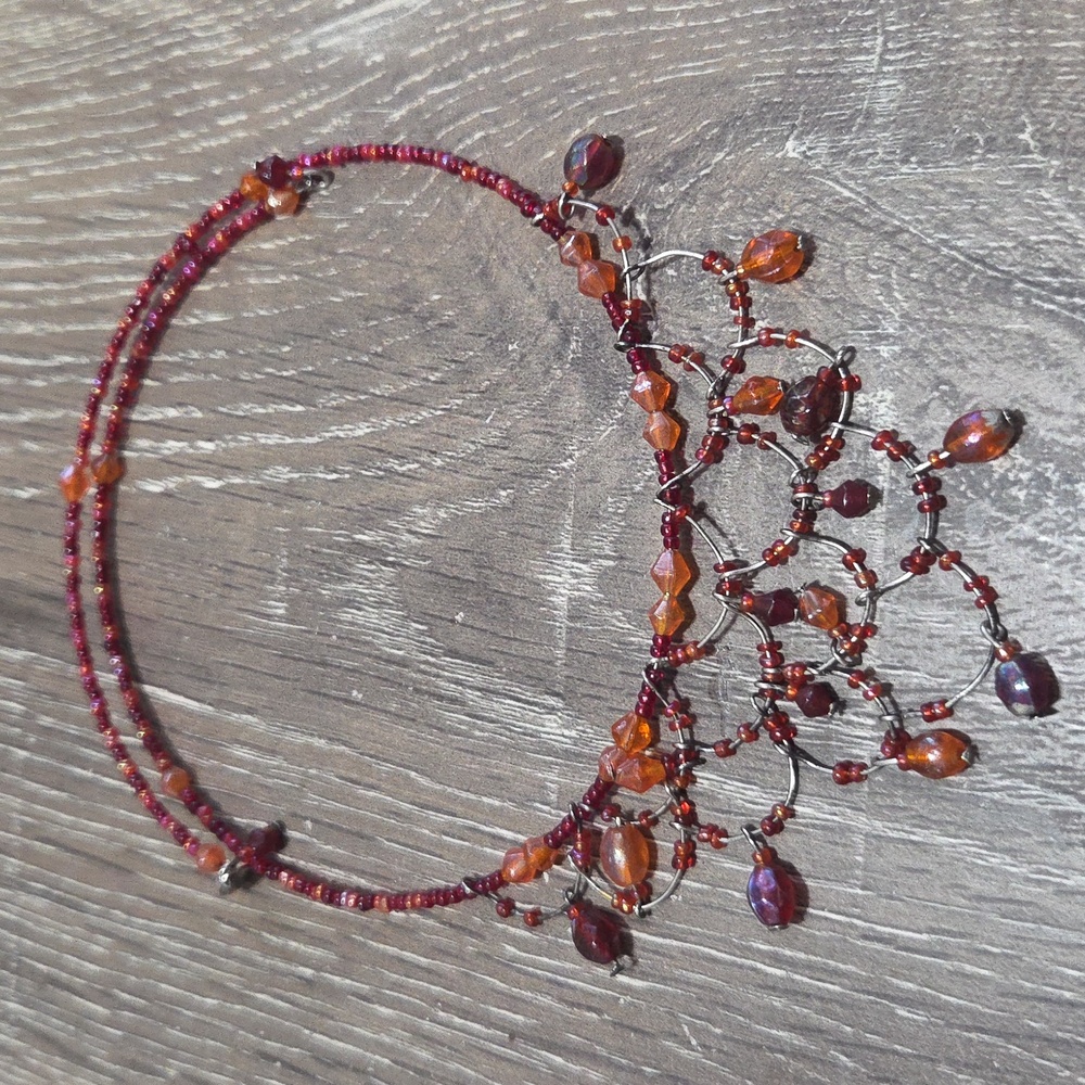 Express Red and Amber Layered Bead Fringe Necklace